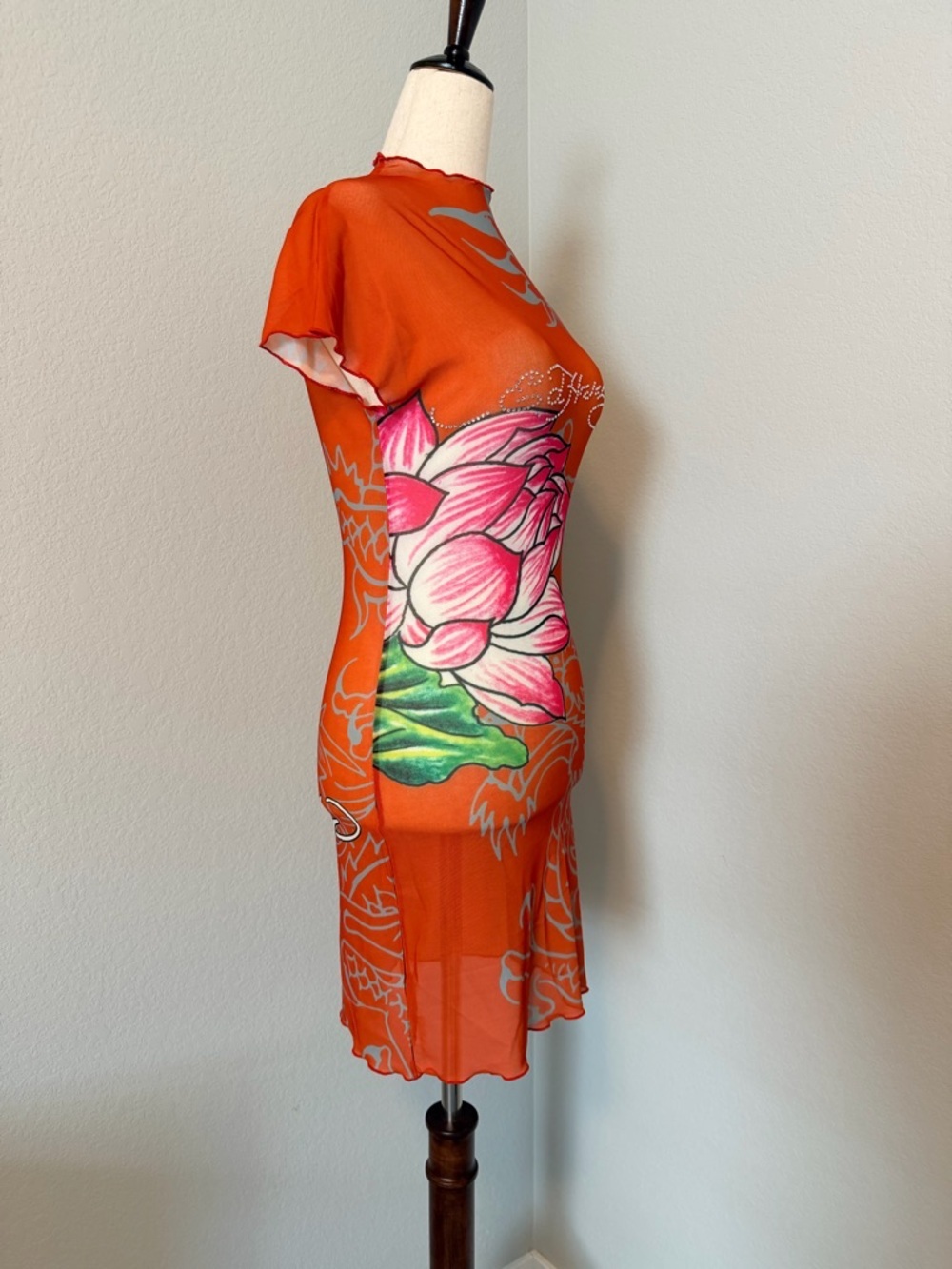 Ed Hardy Lotus Dragon Rhinestone Mesh Cover Up Mini Dress - Orange Combo - Picture 4 of 10